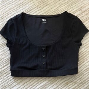 ALO Yoga Black Henley ribbed Crop Top